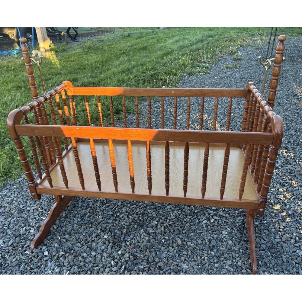 Vintage Wood Spindle Baby Cradle Crib Rocker Maple Farmhouse Nursery Brass
